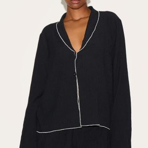 Black Linen Look Textured Contrast Trim Oversized Shirt