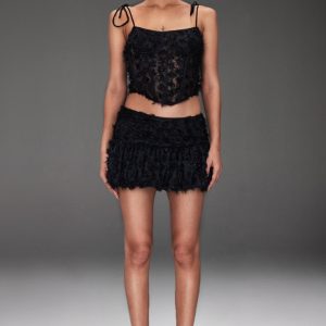 Black Tinsel Lace Puff Hem Skirt
