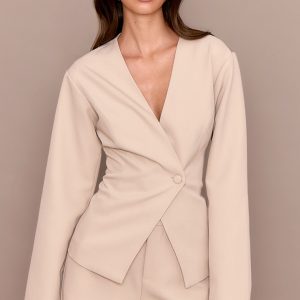 Light Grey Tailored Cinched Waist Asymmetric Blazer