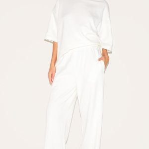 Cream Jersey Mid Rise Wide Leg Trousers