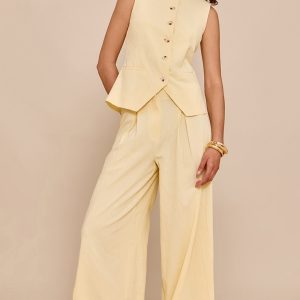 Butter Yellow Wide Leg Pleated Trousers