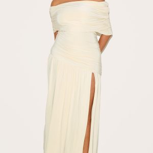 Plus Cream Double Layer Slinky Bardot Ruched Maxi Dress