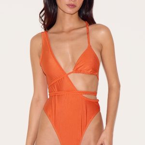 Orange Plait Detail Asymmetric Swimsuit