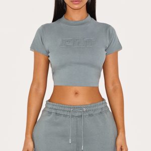 Petite Teal PLT Embossed Cropped Baby Tee