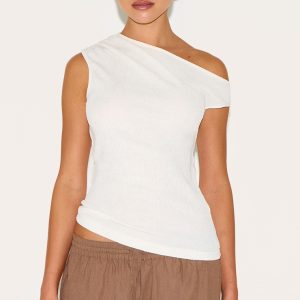 Cream Textured Asymmetric Neckline Long Top