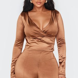 Shape Brown Disco Sculpt Wrap Over Long Sleeve Top