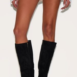 Black Faux Suede Point Toe Low Heeled Knee High Boots