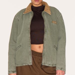Plus Khaki Zip Up Contrast Collar Denim Jacket