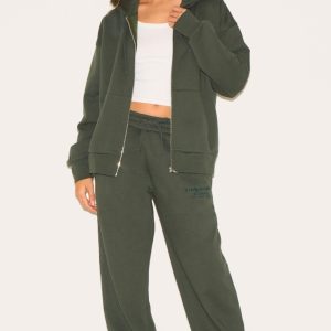 Khaki Premium Embroidered Oversized Wide Leg Joggers