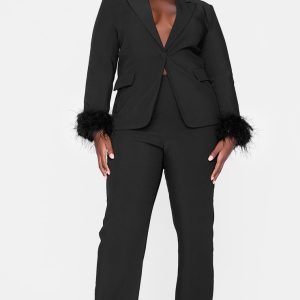 Plus Black Feather Trim Tailored Trousers