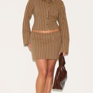 Plus Brown Pinstripe A Line Mini Skirt