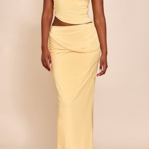 Butter Yellow Double Layered Slinky Twist Drape Maxi Skirt
