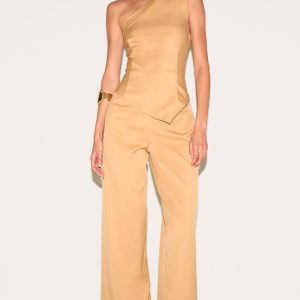 Sand Woven One Shoulder Wide Leg Jumpsuit