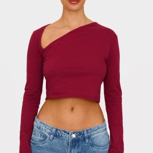 Burgundy Cotton Asymmetric Neck Detail Long Sleeve Top