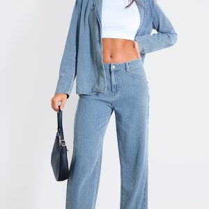 Washed Blue Pinstripe Lightweight Denim Boyfriend Straight Leg Jeans