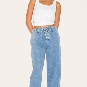 Petite Light Blue Denim Relaxed Drawstring Wide Leg Jeans