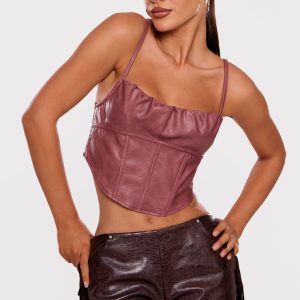 Mauve Faux Leather Ruched Bust Boned Dip Hem Corset