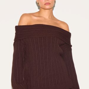 Petite Chocolate Knit Off The Shoulder Jumper