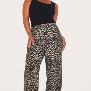 Plus Brown Leopard Print Denim Wide Leg Denim Jean