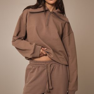 Mocha Premium Loopback Quarter Zip Foldover Sweatshirt