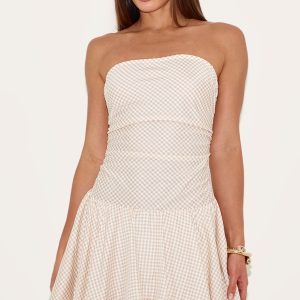 Tall Nude Bandeau Check Puffball Mini Dress