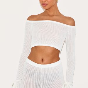 Cream Sheer Soft Rib Bardot Long Sleeve Crop Top