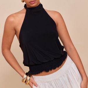 Black Double Layer Slinky Shirred Hem Halterneck Top