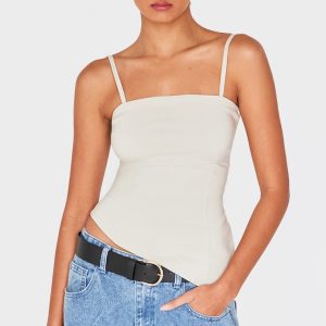 Beige Bengaline Asymmetric Strappy Cami Top