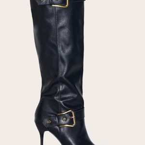 Black PU Knee High Point Toe Buckle High Stiletto Knee High Boots