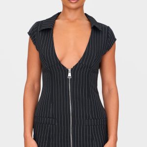 Black Pinstripe Pocket Detail Zip Up Mini Dress