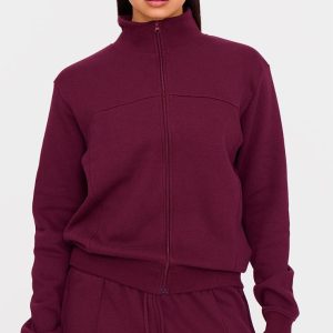 Burgundy Seam Detail Zip Through High Neck Sweatshirt