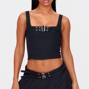 Black Woven Tailored Belt Detail Crop Top