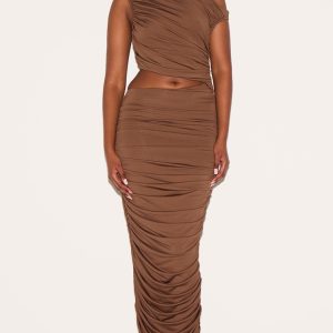 PLT Label Chocolate One Shoulder Ruched Cut Out Maxi Dress