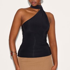 Black Double Layer Scarf Detail Long Top
