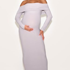 Maternity Light Grey Soft Touch Fold Over Bardot Maxi Dress