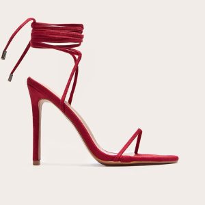 Red Wide Fit Faux Suede Round Toe Barely There Heeled Sandals