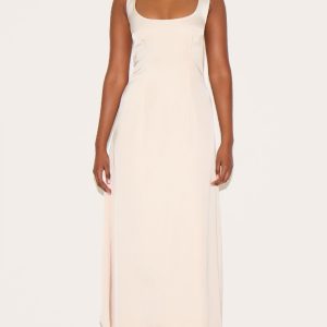 Natural Satin Drop Waist Midi Dress