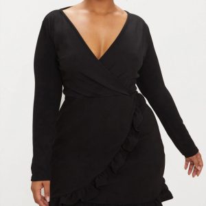 Plus Black Long Sleeve Ruffle Wrap Dress