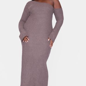 Plus Chocolate Heavy Brushed Asymmetric Ruched Maxi Dress