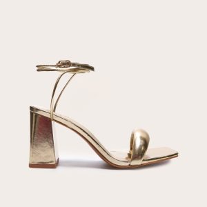 Gold Wide Fit Pu Square Toe Quilted Low Block Heeled Sandals