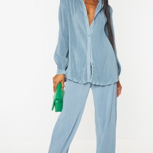 Steel Blue Plisse High Waisted Wide Leg Trousers