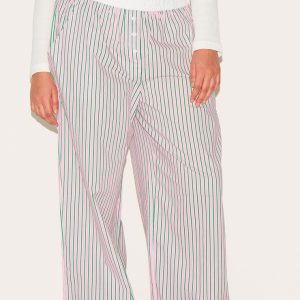 Plus Pink Pinstripe Cotton Poplin Contrast Waistband Trouser