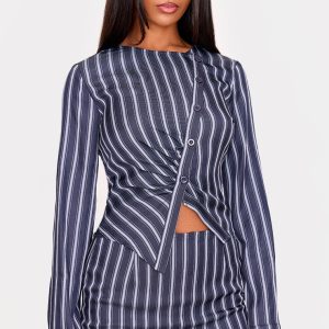 Navy Woven Tailored Striped Ruched Shirt