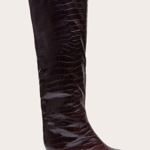 Burgundy Croc PU Point Toe Low Heel Knee High Boots
