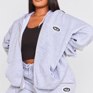 PRETTYLITTLETHING Plus Grey Marl Logo Badge Oversized Zip Through Hoodie