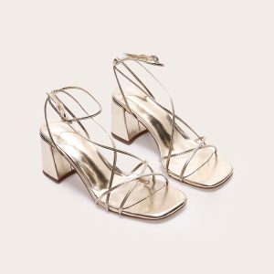Gold PU Round Toe Strappy Mid Block Heel Sandals