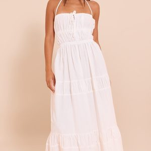 White Ruched Backless Strappy Maxi Dress