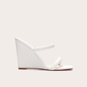 Cream Pu Square Toe High Heeled Mule Wedges