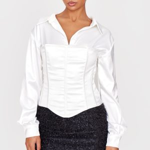 White Satin Corset Detail Shirt