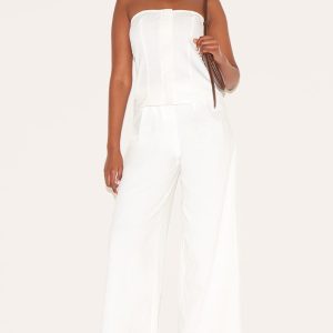 White Linen Blend Tailored Bandeau Wide Leg Jumpsuit